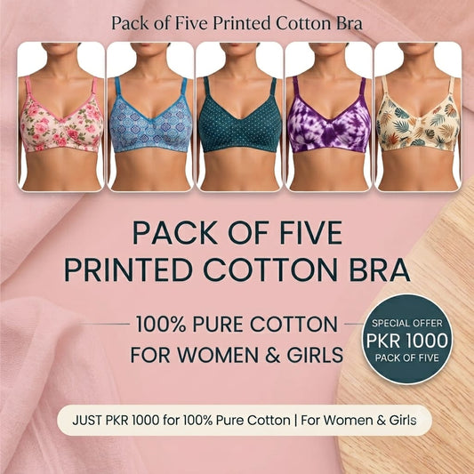 Pack of 5 Printed Cotton Bras in Random Prints-Soft & Premium