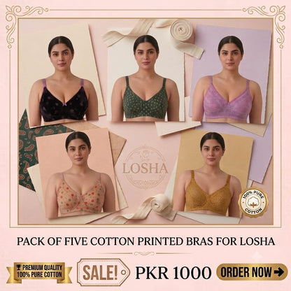 Pack of 5 Printed Cotton Bras in Random Prints-Soft & Premium